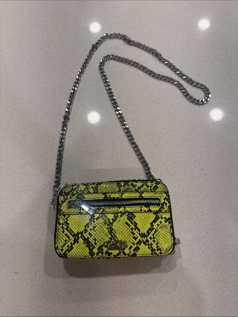 Guess Snake-Print Crossbody Bag with Silver Chain